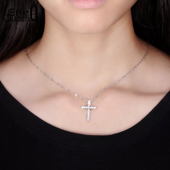 Silver Cross Neck Pendant Round Cut Crystal Religion Pendant on Chain - Picture 14 of 16